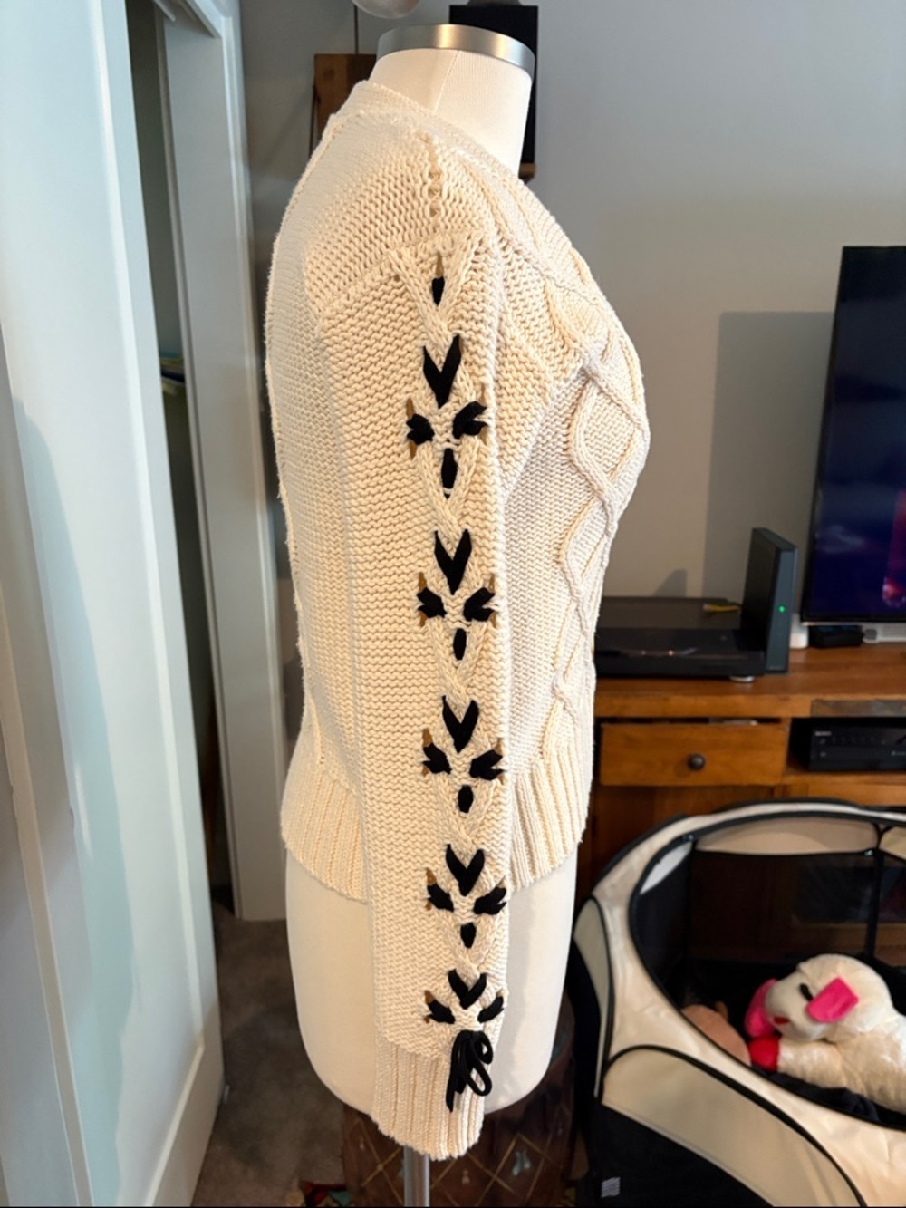 Johnny Was Cable-Knit Button Anessa Bow Cardigan with Black Sleeve Lacing NWT - Picture 2 of 7